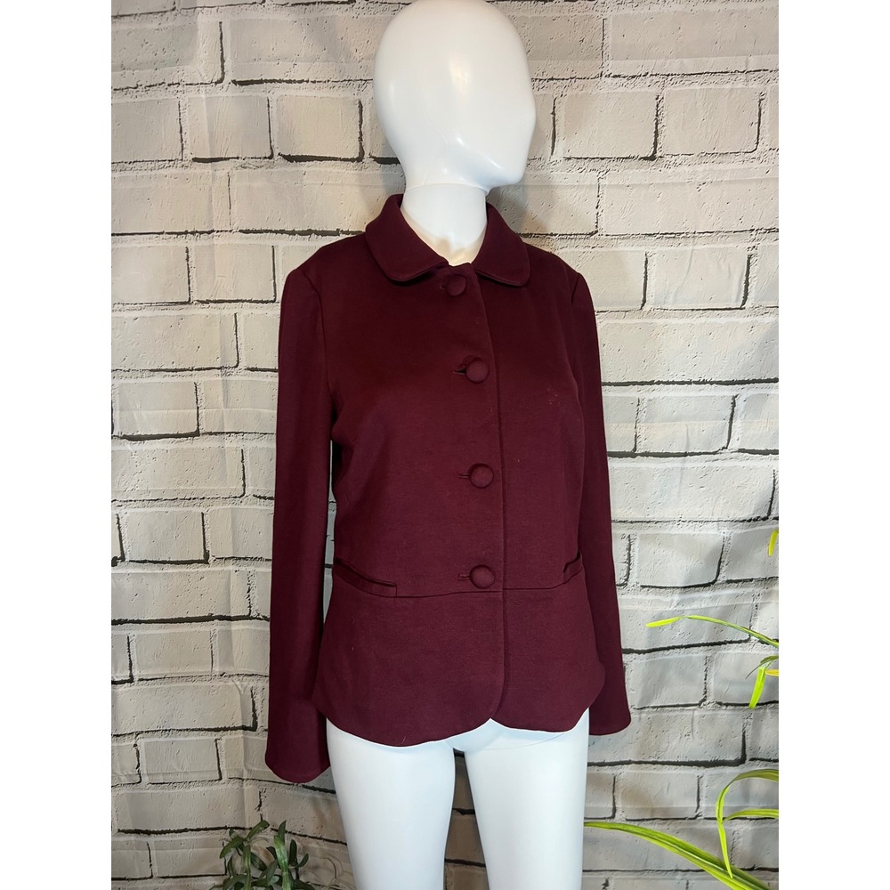 Talbots Burgundy Peplum Knit Blazer Jacket Size 4 Button Front Stretch Lined - Picture 2 of 5